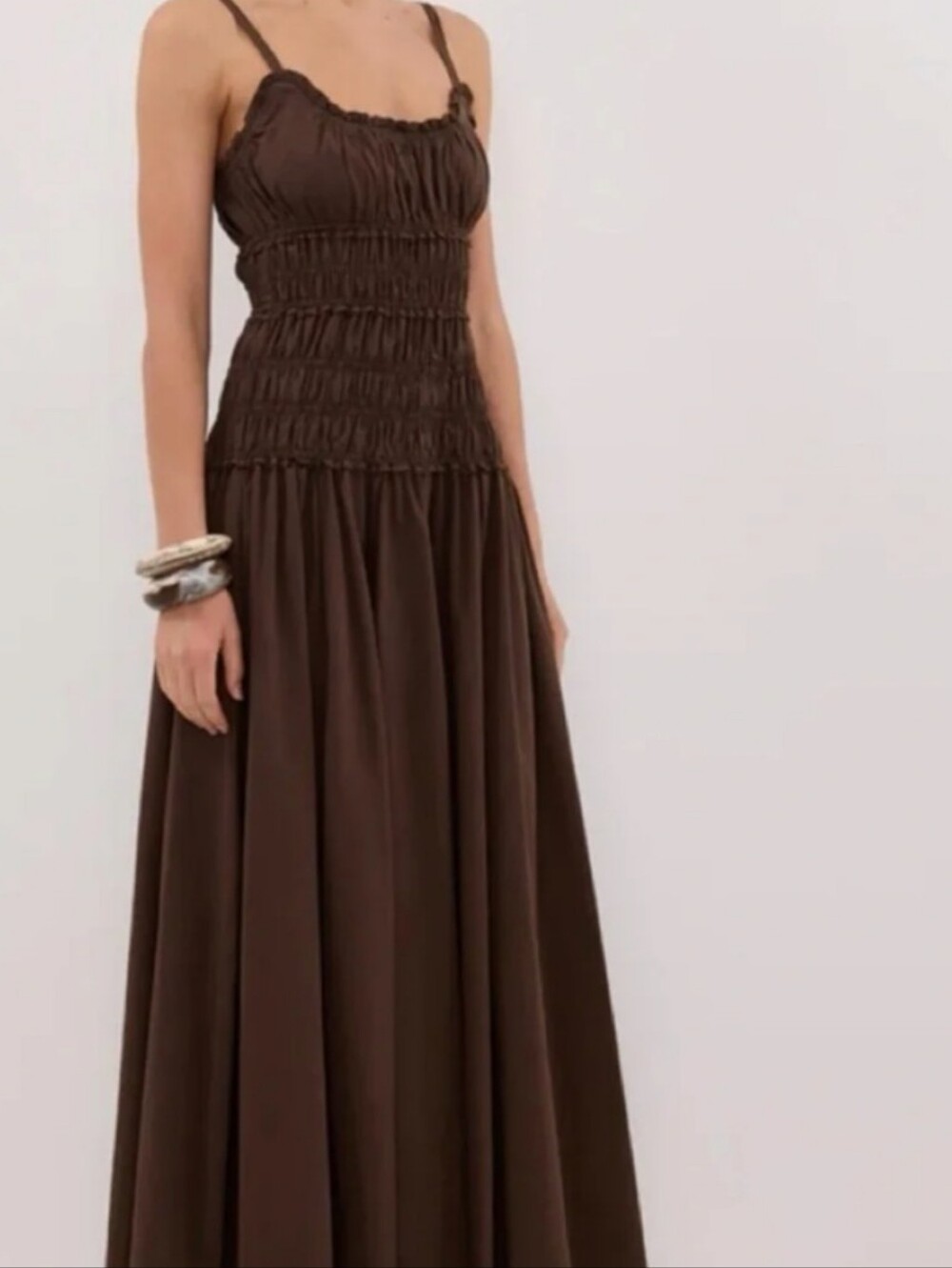Caroline Constas Chocolate Brown Smocked Maxi Dress Size Large Cotton